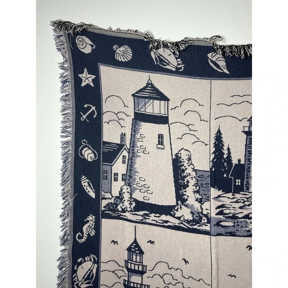 VTG Crown Crafts Tapestry Nautical Lighthouse Sea Shell Throw Blanket 50x60 USA